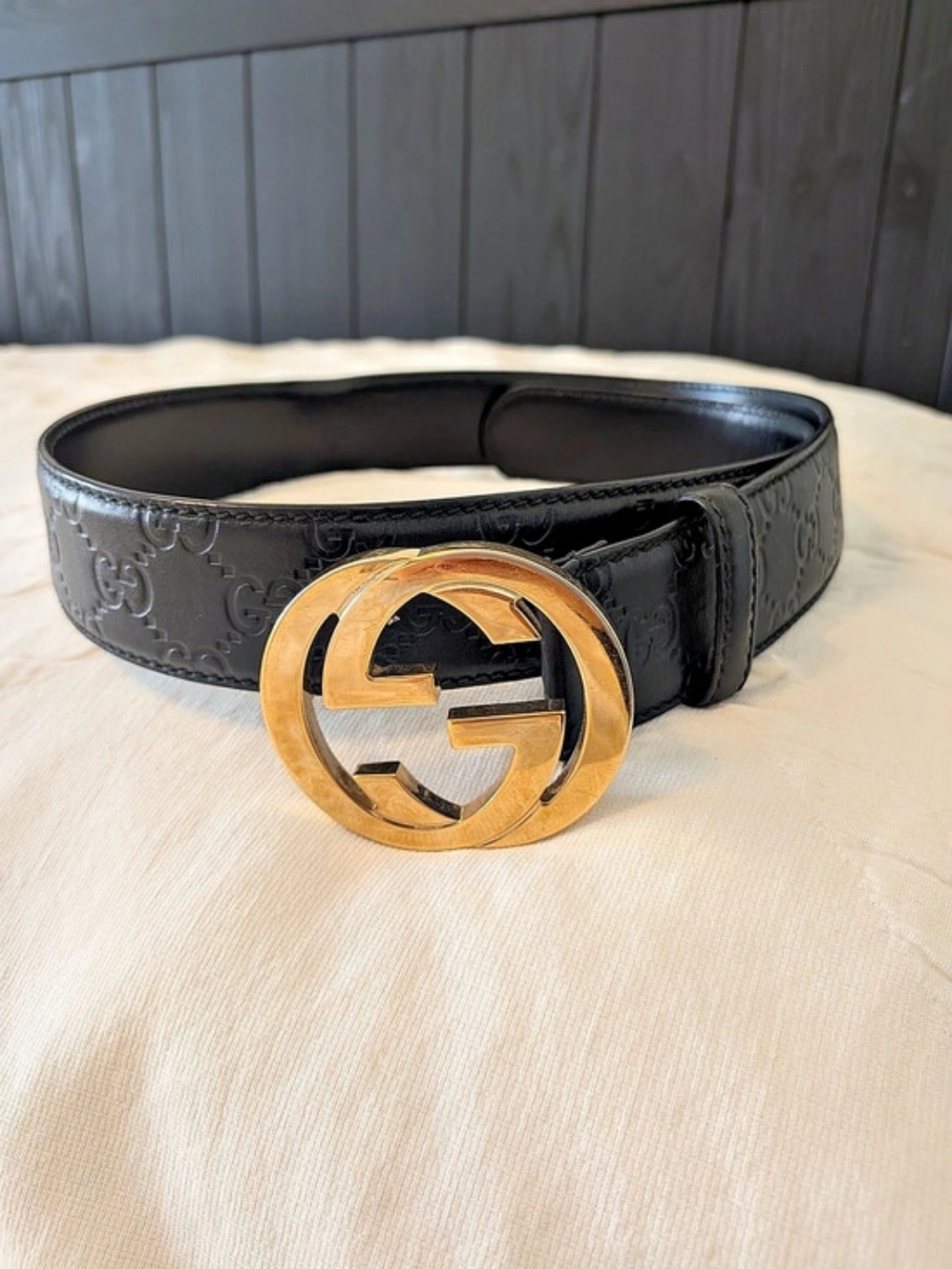 Gucci Guccissima Interlocking G Buckle Belt Black & Gold